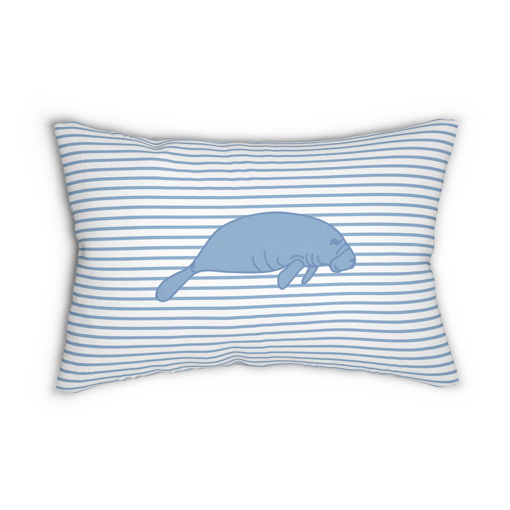 Coastal Blue Manatee On Striped Lumber Pillow