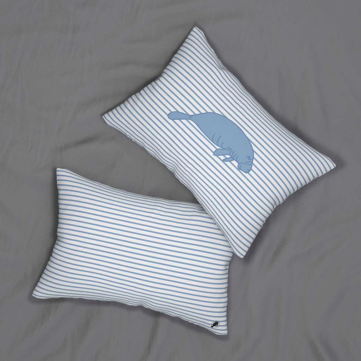 Coastal Blue Manatee On Striped Lumber Pillow